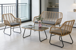 Vente flash : Ensemble de meubles de patio 4 pièces |   Canapé et chaises en rotin tressé avec table basse en verre - Product Image 3