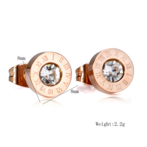 <b>Titanium</b> Steel <b>Stud</b> Earrings Rose Gold Zircon Round Bezel Setting Geometric Design Fashion Piercing Jewelry - Product Image 2