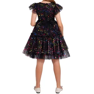 Children Girls Party Dress Stars Tulle Dresses Custom Style Kids Girls Flutter Sleeves Black Tutu Dresses For Baby Girls