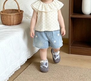 Conjunto de Ropa de Verano para Niña, Blusa con Cuello <span class=keywords><strong>Peter</strong></span> <span class=keywords><strong>Pan</strong></span> y Estampado de Lunares, Pantalones Cortos de Mezclilla con Estampado de Estrellas - Product Image 4