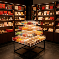 Conception d'intérieur personnalisée pour une confiserie |   Présentoir à bonbons à plusieurs niveaux en acrylique, étagères pour magasin de cadeaux, présentation complète sur le thème des fêtes