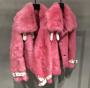 Luxury Women Real Sheep Fur Coat Winter Warm Genuine Tuscany Sheepskin Leather Jacket Short Pink Natural Searing Fur Coat