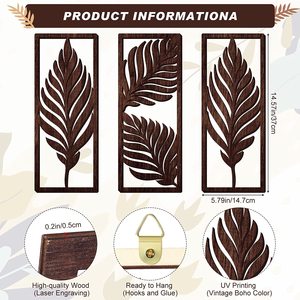 3 Pcs Home Boho Decor Accent Rustique Feuille de Palmier Art Mural en Bois Sculpture Suspendue Plante Tropicale Vintage Panneaux Bois Plaque - Product Image 4