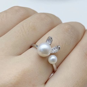 S925 Silver <b>Pearl</b> <b>Ring</b> Good Quality Inlay with Large 7-8mm Round <b>Pearl</b> Small 5mm <b>Pearl</b> Cute Elegant Little White Rabbit Design - Product Image 2