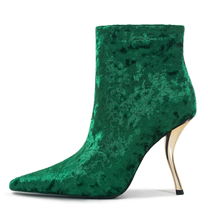 Botines de tacón irregular con gancho dorado para mujer, de terciopelo suave, con cremallera lateral y punta afilada - Product Image 1