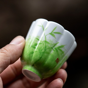 Chinese Style Green Bamboo Ceramic <b>Teacup</b> Flower Shaped Rim Hand Painted Porcelain Cup For Home Use Afternoon Tea - Product Image 1