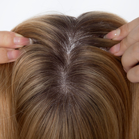 Expédition Rapide – Topper Cheveux Vierges Brésiliens Raides 16'' (3x6'') pour Femmes, Couleur Brun avec Mèches, Nœuds Invisibles, Base Respirante