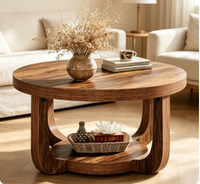 Table basse ronde moderne en bois massif avec plateau en panneaux et design de rangement à double niveau d'inspiration vintage pour petits salons - Vente en gros