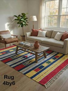 Multicolor Abstract Stripe Cotton <b>Rug</b> 4x6 Handmade Carpet with Tassels <b>Boho</b> Floor Mat Living Room Decor - Product Image 2