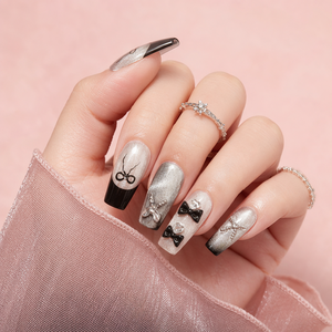 Hand Painted Black French Bow Dense Cat Eye Flash Zircon Rhinestone Sweet Cool White PMMA Almond Luxury Press on Nails Wholesale - Product Image 6