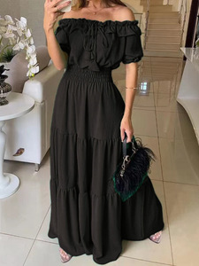 Abito lungo da donna con scollo a barca, volant a strati, vita arricciata, maniche a sbuffo, tinta unita, ideale per le vacanze - Product Image 4