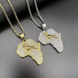 Collar con Colgante de Mapa de León Africano yunnique, Acero Inoxidable con Incrustaciones de Diamantes de Imitación, Unisex, Estilo Hip Hop, para Regalo - Product Image 1