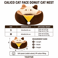YAOYUE Calico Cat Deep Sleep Nest Plush Donut Cat Bed with Cat Face Headrest PP Cotton Filling Non-Removable Cover S/M