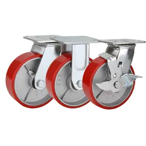 Iron Rigid Bearing High Quality Bracket Red PU Wheels Side Brake Heavy Duty Caster