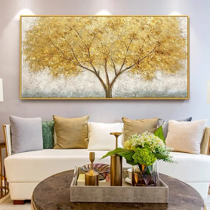 Modern Framed Handmade Gold Foil Yellow Flower Tree Heavy Paint Texture Wall Art Decor Oil Paintings On Canvas