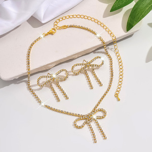 Sparkling Claw Chain Full Bow Copper Necklace Earrings Exaggerated <b>Accessory</b> Trendy <b>Wedding</b> Bride's Jewelry Set for Women Girls - Product Image 5