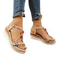 Nouvelles sandales compensées perlées pour femmes 2024 – Chaussures d'été à talon haut et semelle épaisse en corde de chanvre tressée, très tendance