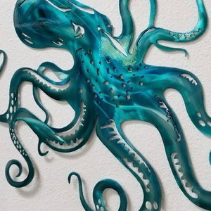 Décoration murale en aluminium découpé au laser sur mesure, motif pieuvre, bleu turquoise, en métal inoxydable, pour extérieur, thème océan, maison de plage, jardin - Product Image 2