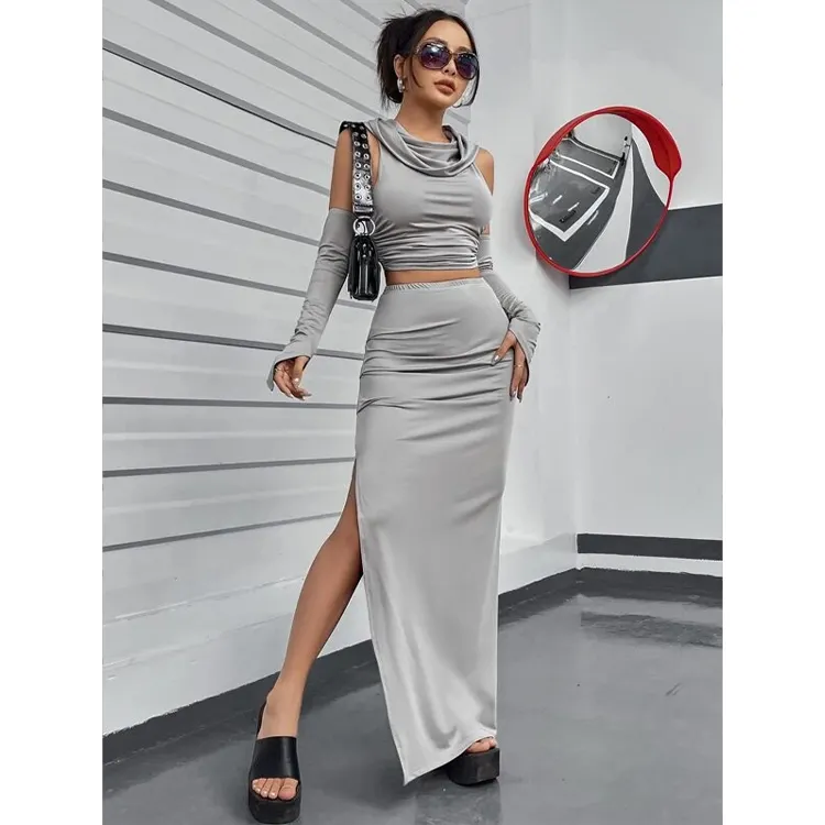 2023 Summer Women Slit Dressing Set Casual Bodycon Fashion 2 Pieces Ladies Dress Top And Pants