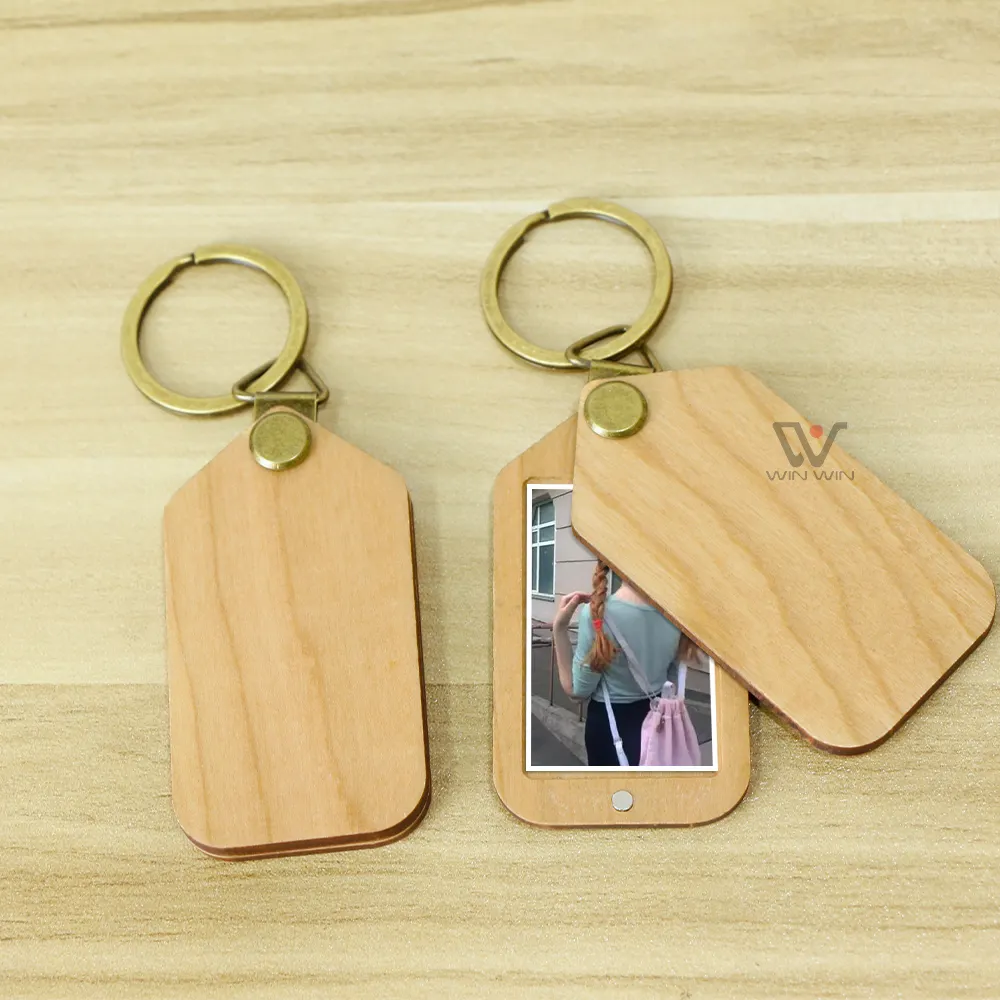 Pendentif en bois porte-clés anneau Photo photos porte-clés étiquette en bois porte-clés vierge avec boîte-cadeau