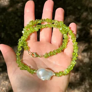 Peridot Healing Crystal Choker Necklace Natural Freshwater Pearl Charm Necklace Jewelry