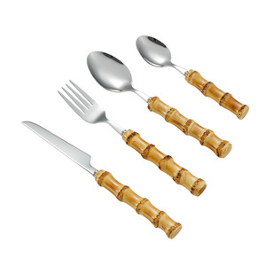 Juego de cubiertos de acero inoxidable con mangos de bambú, cuchillo, tenedor y cuchara, cubiertos occidentales para picnic y comedor. - Product Image 1