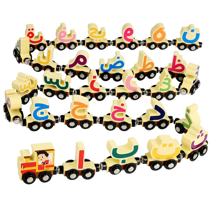 Wonden Toys 28 PCS Wooden Arabic Alphabet Train Toy Wooden Magnetic Alphabet Arabic Train Set for Toddlers New Train Set Tracks