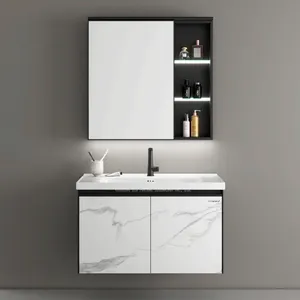 Kabinet kamar mandi baja tahan karat penyimpanan marmer putih vanity kamar mandi dengan cermin ukuran berbeda Modern