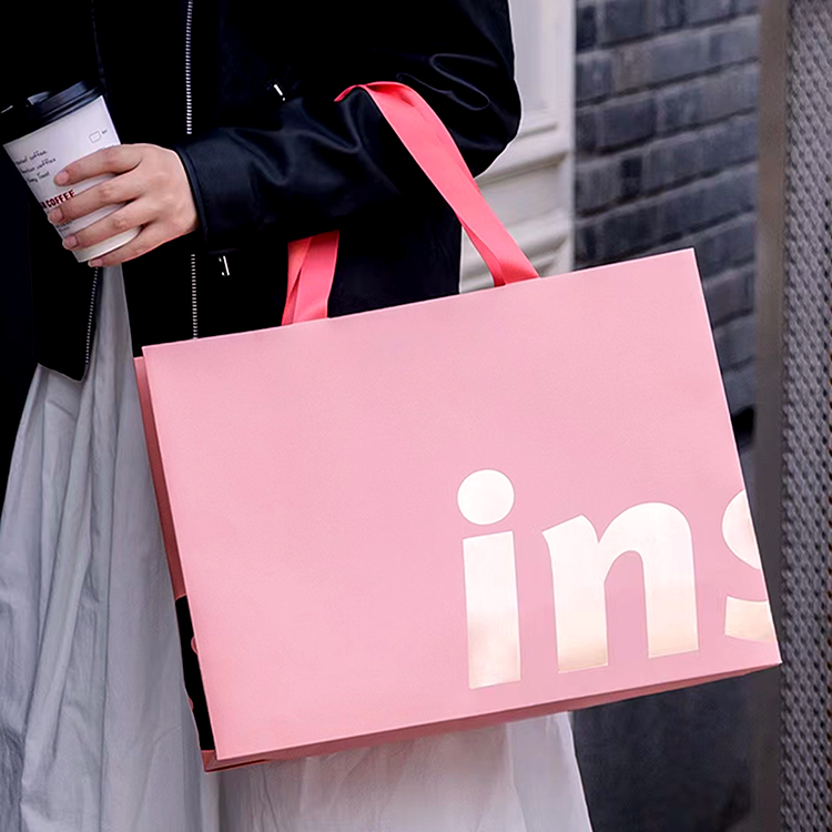 luxury kraft square bottom pink paper cosmetic gift bag with handles satin drawstring bag custom logo