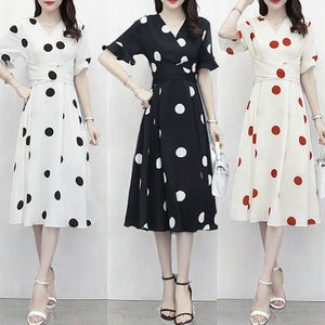 Abito da donna a linea a vita alta a maniche corte retrò nuovo stile Casual a pois a contrasto-dolce romantico <span class=keywords><strong>Midi</strong></span> per l'estate inverno autunno - Product Image 2