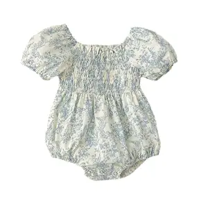 Macacão de manga curta para bebês meninas, vestido de algodão fino com flores fragmentadas e mangas bolha, novidade de verão