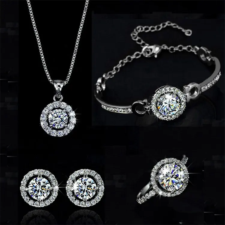 Crystal Vrouwen Bruiloft Ketting Oorbellen Armband Ring Sieraden Set Verzilverd Zirkoon Sieraden Voor Bruid