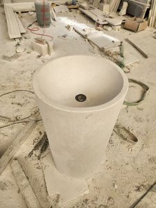 <span class=keywords><strong>Lavabo</strong></span> de baño de mármol travertino <span class=keywords><strong>Beige</strong></span> de diseño moderno, lavabos independientes para el hogar del hotel con pedestal cilíndrico y escurridor - Product Image 4