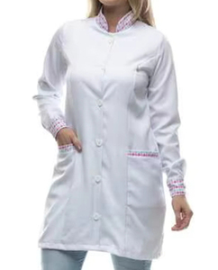 Camice da Laboratorio Moderno da <span class=keywords><strong>Donna</strong></span> con Colletto alla Coreana e Bordo Stampato a Contrasto - Elegante Uniforme Medica per Operatori Sanitari - Product Image 4