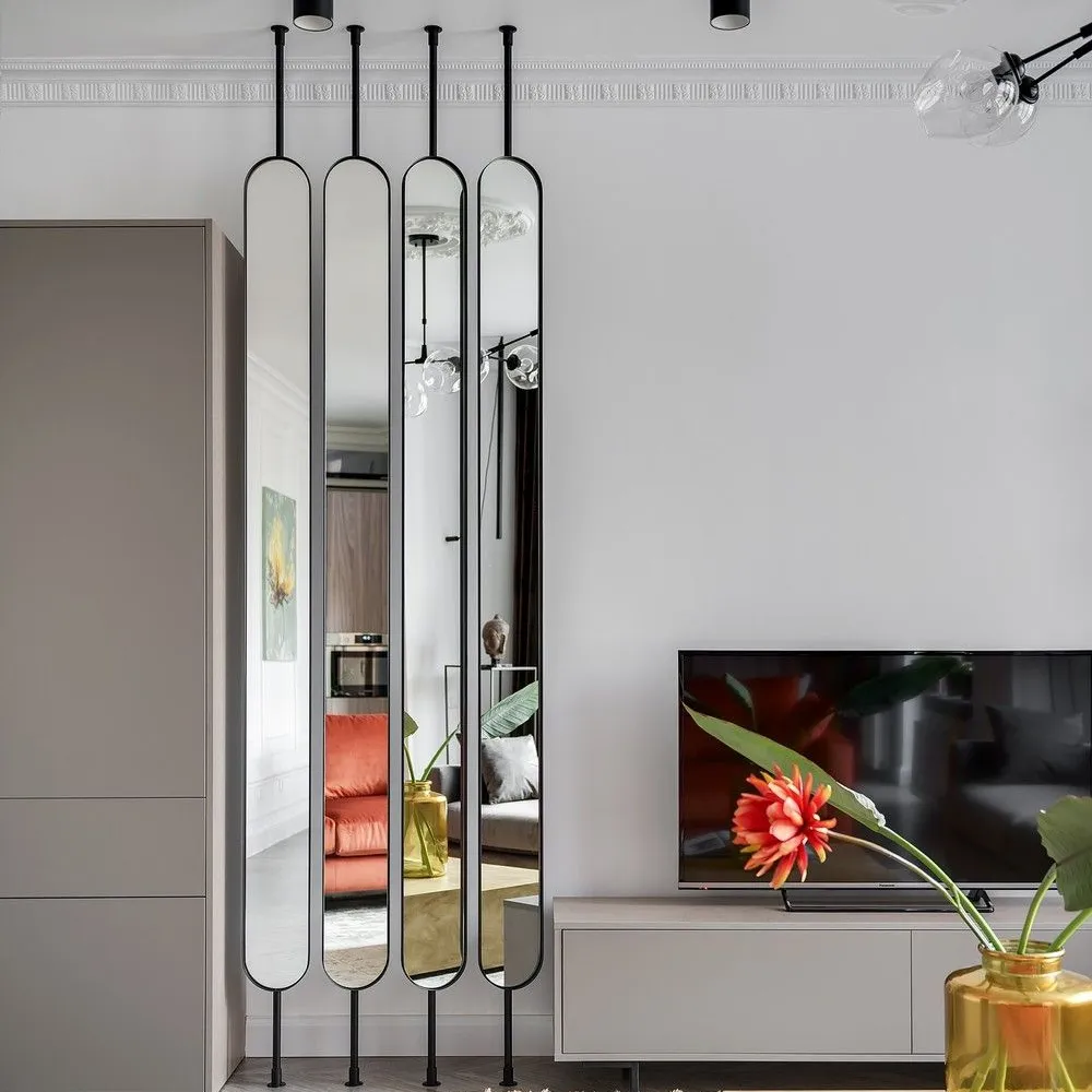 Pemisah Ruangan Garis Hitam Tinggi Dapat Diatur, dengan Kaca Cermin Perak untuk Dekorasi Rumah Sebagai Layar
