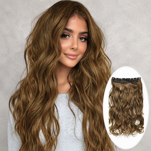 Extensions de cheveux synthétiques à clipser FH haute température, couleur brun clair, ondulation naturelle, avec 5 clips - Product Image 1