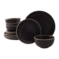 Ensemble de vaisselle et bols élégants noirs nordiques en gros, série de vaisselle de luxe en mélamine personnalisée pour restaurant, bord doré pour fêtes