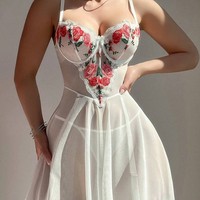 Ensemble de Nuisette Sexy en Dentelle Brodé pour Femme, Lingerie Transparente avec String, Robe d'Été Rose Blanche, Vente en Gros, Personnalisation OEM