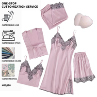 Pyjama personnalisé pour femme en satin et mousseline, manches longues, ensemble 5 pièces avec rembourrage, en soie glacée, lingerie décontractée de luxe