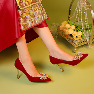 Zapatos de boda rojos, vestido estilo cheongsam para mujer, vestido de novia de dos piezas, estilo chino, no cansa los pies, tacones altos rojos - Product Image 3