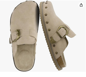 Mules à enfiler pour femmes en cuir suédé véritable avec boucle réglable et détails cloutés – Chaussures d'automne élégantes - Product Image 2