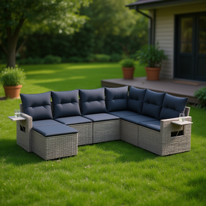 Ensemble de canapés de jardin en polyrotin gris, 7 pièces, avec coussins, meubles d'extérieur, design contemporain - Product Image 2