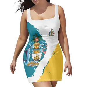 OEM 가장 인기있는 바하마 디자인 여자의 여름 폴리에스터 캐주얼 탱크 원피스 스퀘어 넥 슬림 핏 민소매 Bodycon 미니 드레스
