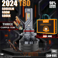 Phares LED T80 600W personnalisés haute puissance 60000lm, refroidissement à triple tube en cuivre, 3570 puces, ventilateur silencieux Canbus, ajustement universel