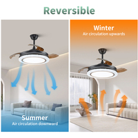 Ventilateur de plafond rétractable à LED 3 couleurs à intensité variable avec télécommande, pales invisibles en métal et plastique ABS, pour maison et bureau