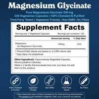 JAYHOO Glycinate de magnésium 500 mg 240 capsules molles pour adultes, chélaté pur, testé par un tiers, sans OGM, sans additifs, complément alimentaire