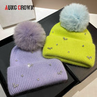 Bonnets d'hiver en tricot personnalisés de haute qualité pour hommes, décontractés, chauds, design, extérieur, pompon, bordure en tricot, strass, beanie