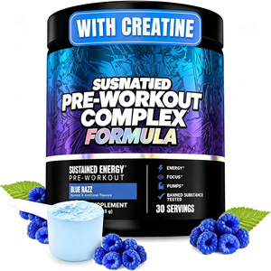 Polvo Pre-Entrenamiento Blue Razz OEM Personalizado, Fórmula Limpia con <span class=keywords><strong>Creatina</strong></span>, Beta <span class=keywords><strong>Alanina</strong></span> y Suministro Nutricional Diario para el Gimnasio, 30 Porciones - Product Image 1
