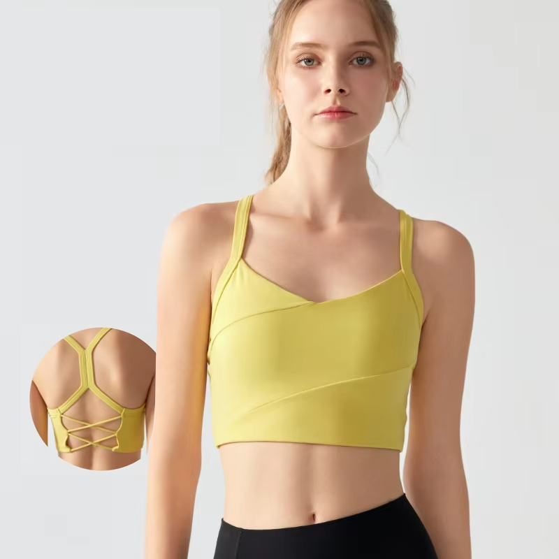 Women's Premium V Neck Yoga Bra Criss Cross Back Slim Straps High Support Buttery Soft Overlapping Beauty Back Sports Crop Top