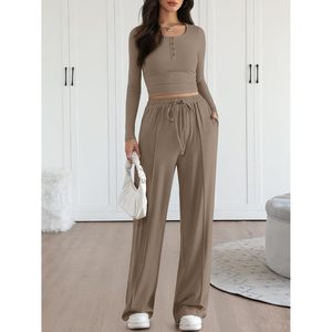 Women's 2 Piece Matching Lounge Set Full Sleeve Knitted Spandex Cotton Breathable Wide Leg Pants Top Daily Wear Outfit - Product Image 2